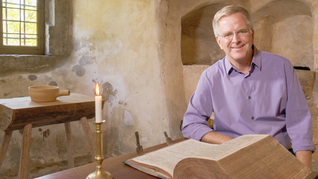 Rick with a 400-year-old Luther bible in Rothenburg, Germany.