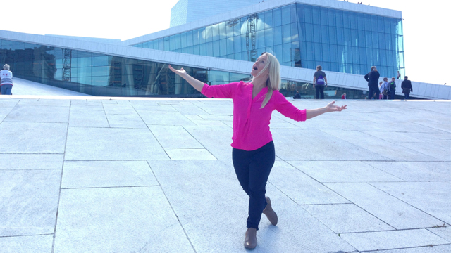 Christine bels out her best aria atop the Oslo Opera House.