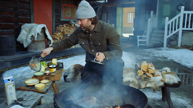 Niklas cooking smoked trout