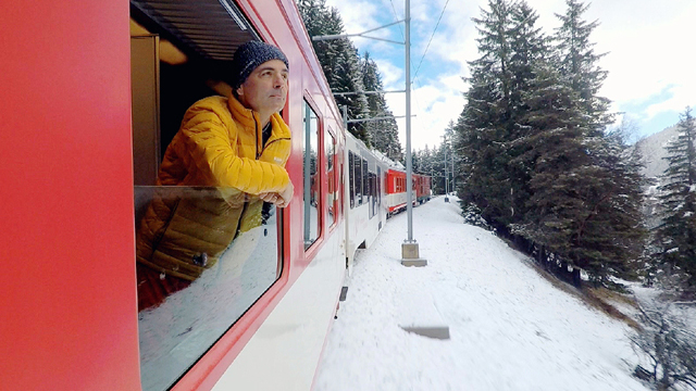 Host Jeff Wilson boards the legendary Glacier Express to frosty fun in the one-hour program.