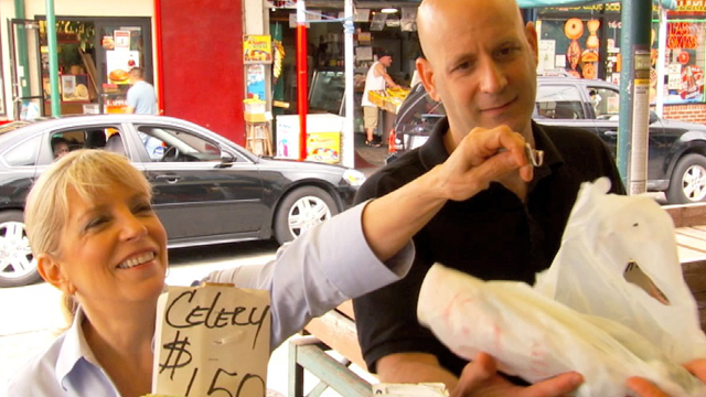 Sara and Italian chef Marc Vetri shop at Philadelphia's Italian Market for ingredients for his father Sal’s Meatballs with pizza sauce.