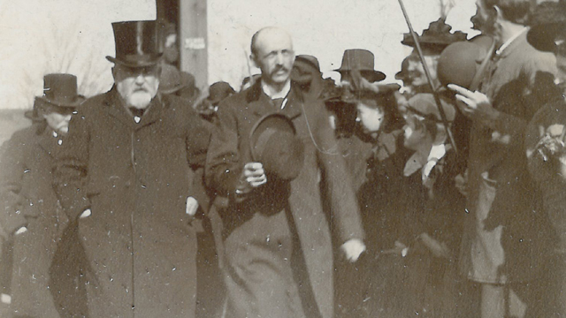 President Benjamin Harrison (on the left) in 1896 in Kendallville, Indiana.