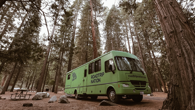 The roadtrippers make a scenic stop in Sequoia National Park in Three Rivers, California.